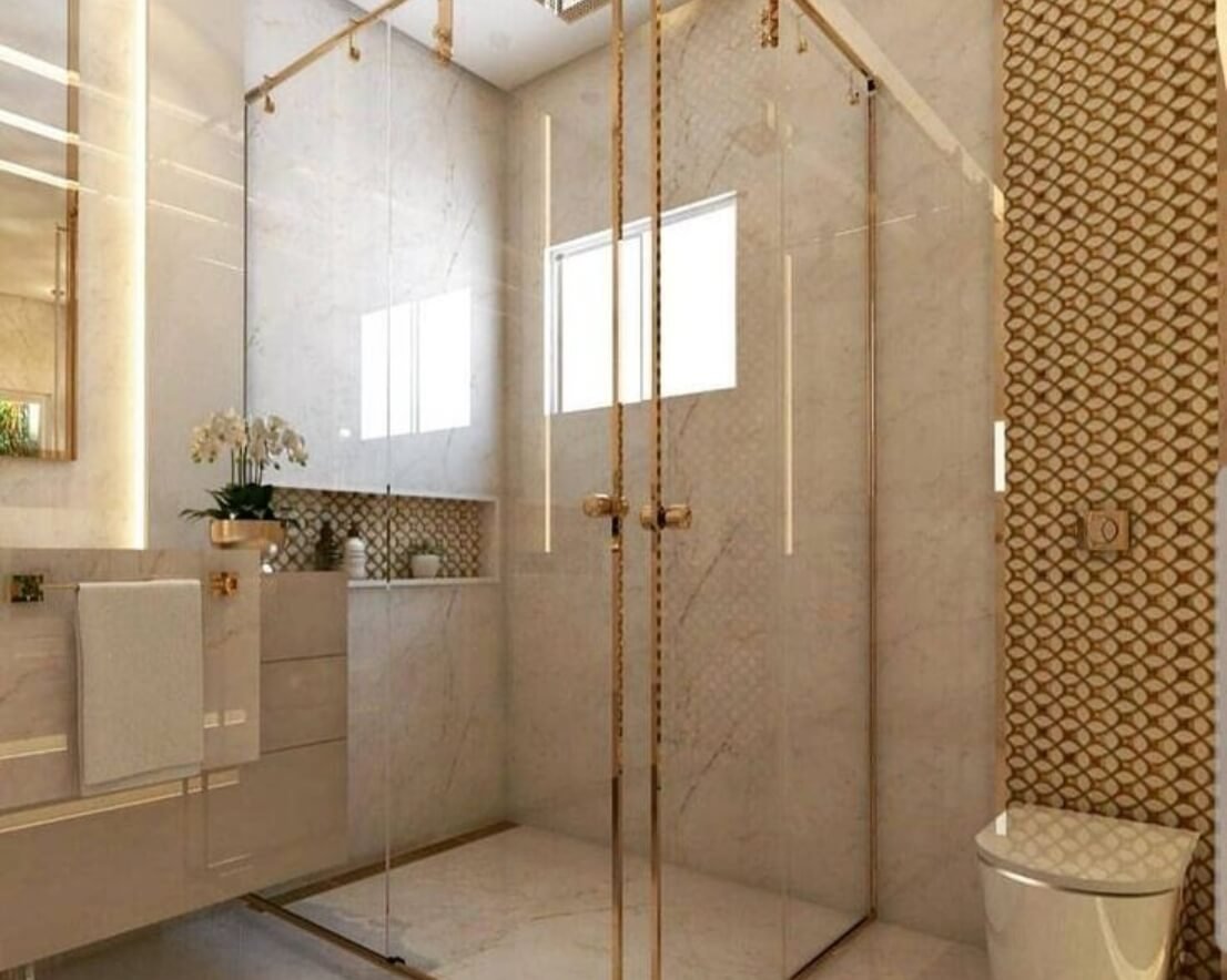 Gold Accent Shower Glass Partition service by Gulf Light in Abu Dhabi